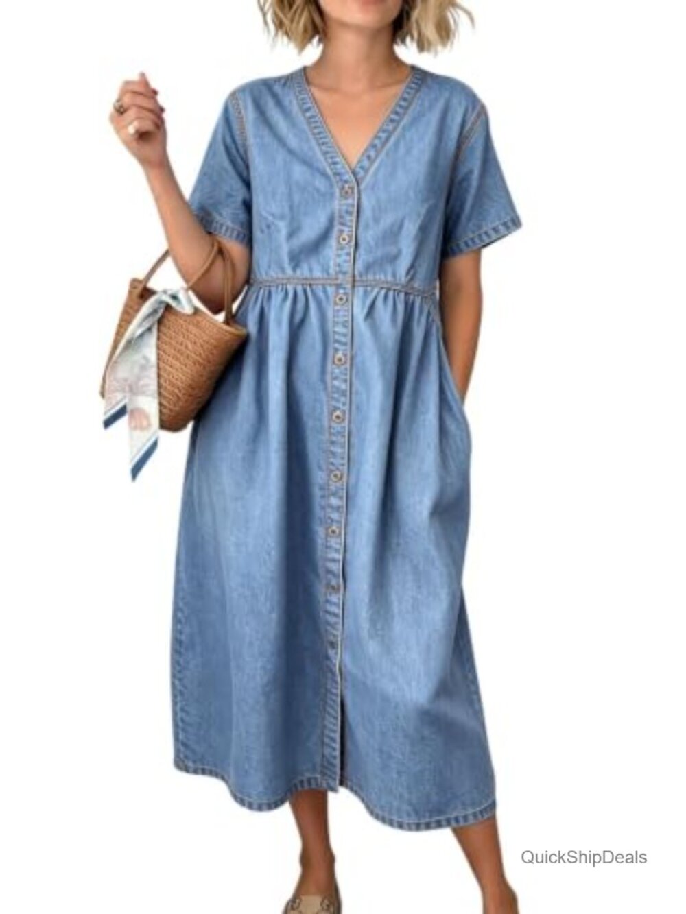 Short Sleeve Denim Shirt Dress A-Line V-Neck Midi Jean Dress with Pockets